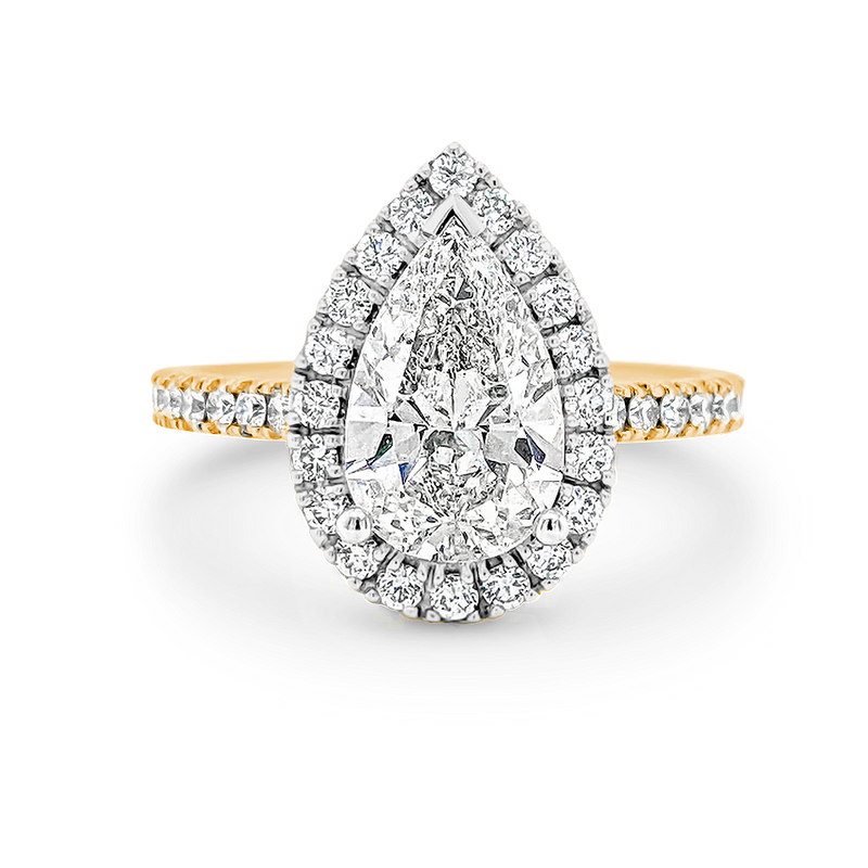 Madison-Pear Shape Diamond Halo Engagement Ring with Diamond Set Band in Yellow Gold