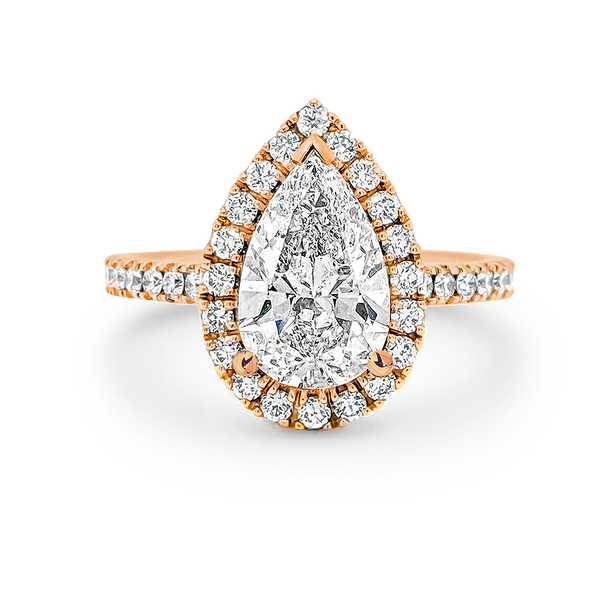 Madison-Pear Shape Diamond Halo Engagement Ring with Diamond Set Band in Rose Gold