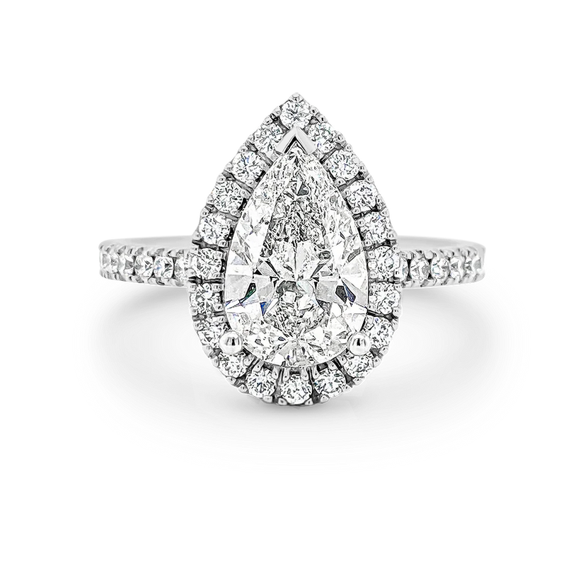 Madison-Pear Shape Diamond Halo Engagement Ring with Diamond Set Band in White Gold