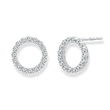 Close-up of 9ct white gold open circle stud earrings showcasing shared claw set diamonds, available at York Jewellers Penrith.