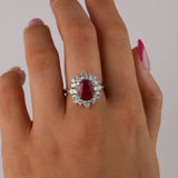 Close-up of 18ct white gold ring showcasing 2.27ct natural oval shaped ruby and surrounding diamond detail available at York Jewellers Penrith.