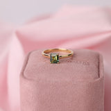 1.03ct parti sapphire solitaire ring on pink box showing natural blue-green gemstone tones available at York Jewellers Penrith and Warriewood (Sydney). 