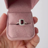 White Gold Garnet & Diamond Halo Dress Ring
