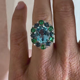 Sky Blue Topaz, Emerald & London Blue Topaz Fancy Halo Ring