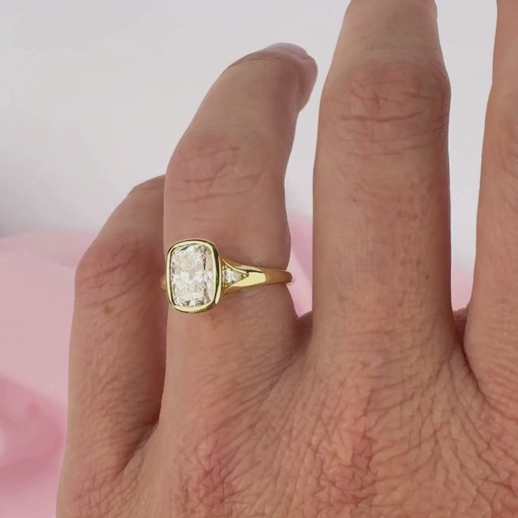 Cushion cut diamond ring side profile yellow gold setting York Jewellers Sydney.