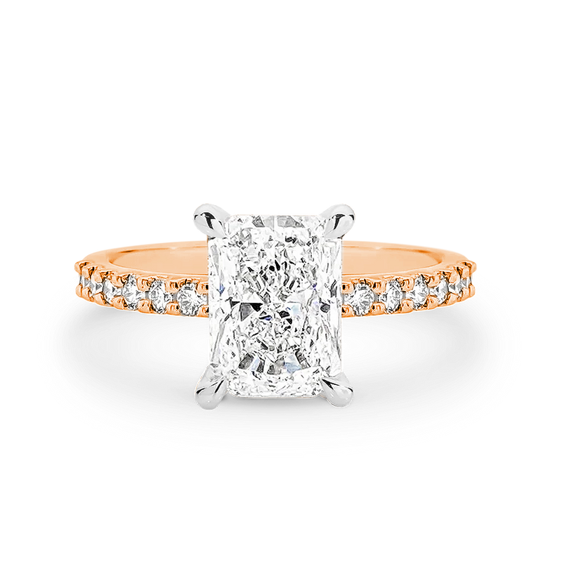 Renee-Radiant Shape Diamond Engagement Ring with Diamond Set Band in Rose Gold