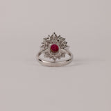Intricate 18ct white gold ruby flower style ring - reverse - available from Sydney fine jeweller York Jewellers featuring natural ruby and diamond detailing.