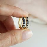 9ct yellow gold sapphire and diamond huggie hoop earrings (0.10ct diamond weight), available at York Jewellers Penrith and Warriewood (Sydney).