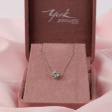 Elegant 9ct white gold trace chain necklace with 1.01ct round brilliant cut lab grown diamond pendant in pink York Jewellers box, available in our Penrith showroom.
