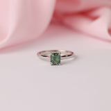 18ct white gold solitaire ring featuring 1.24ct greenish-blue Madagascar sapphire in emerald cut available at York Jewellers Penrith (Sydney).