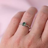1.24ct Madagascar sapphire solitaire ring in 18ct white gold worn on hand, available at York Jewellers Penrith and Warriewood (Sydney).