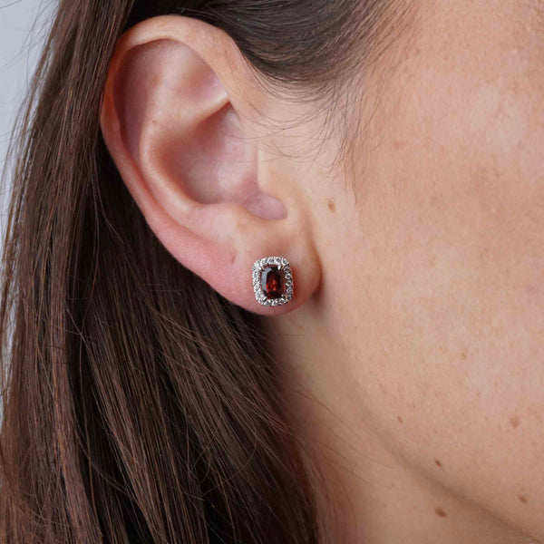 White Gold Garnet and Diamond Halo Stud Earrings