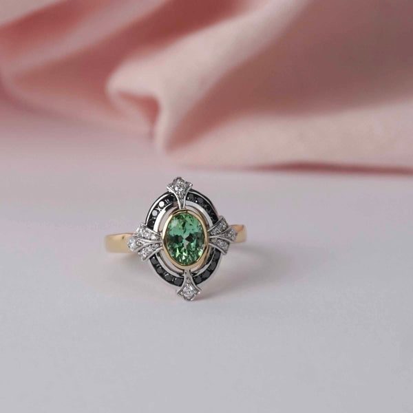 Gatsby-Tourmaline, Black Diamond & Diamond Ring