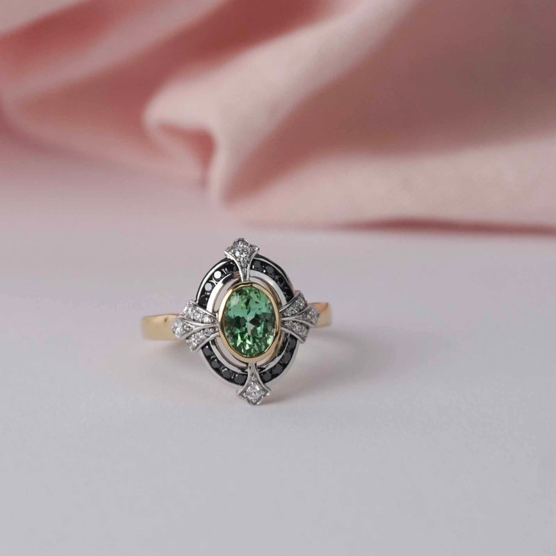 Gatsby-Tourmaline, Black Diamond & Diamond Ring