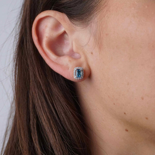 Yellow Gold Blue Topaz & Diamond Halo Stud Earrings