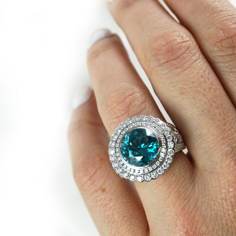 'Lola' Blue Zircon and Diamond Double Halo Dress Ring