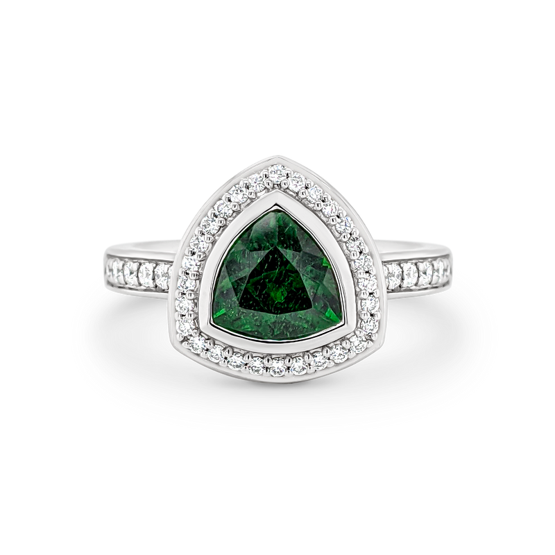 Trilliant Chrome Diopside & Diamond Halo Ring