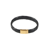 Black Plaited Leather Bracelet With 14K Gold Stainless Steel Clasp
