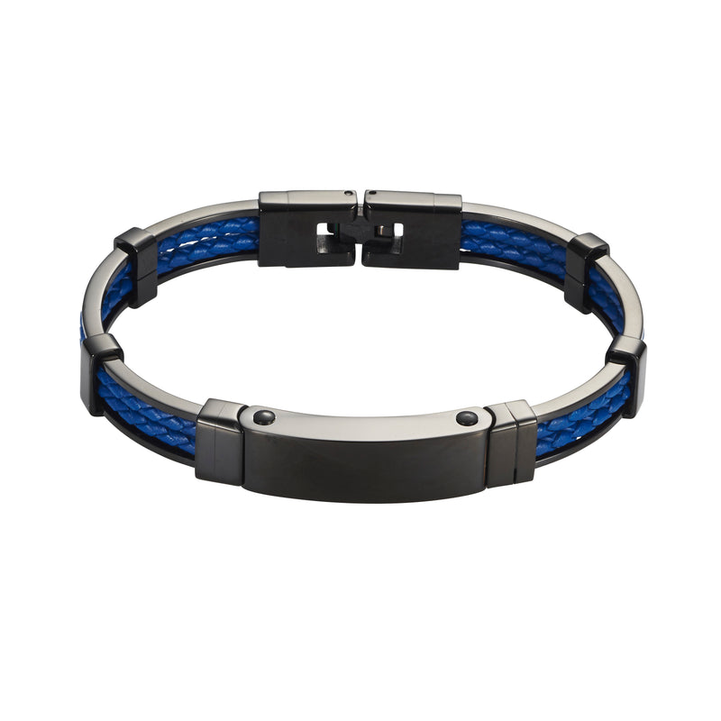 Ion Plated Polished Black Stainless Steel/Blue Leather Bracelet