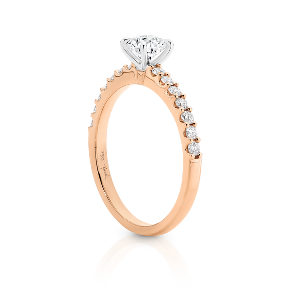 Angelina-Rose Gold-Round Brilliant Cut Four Claw Set Diamond Engagement Ring with Diamond Set Band