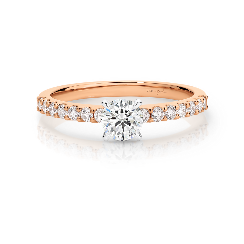 Angelina-Rose Gold-Round Brilliant Cut Four Claw Set Diamond Engagement Ring with Diamond Set Band