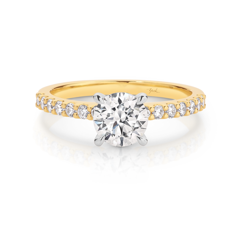 Angelina-Yellow Gold-Round Brilliant Cut Four Claw Set Diamond Engagement Ring with Diamond Set Band