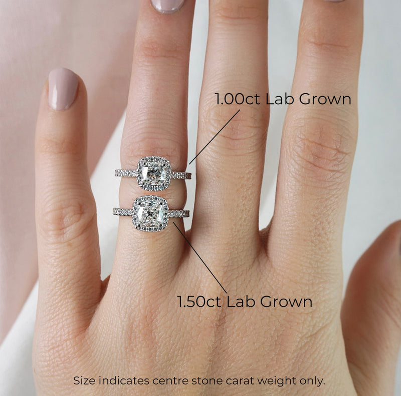 Lab Grown Claire-White Gold-Cushion Cut Diamond Halo Engagement Ring with Diamond Set Band