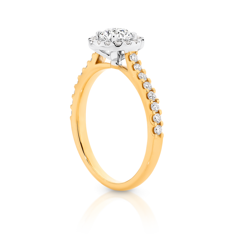 Lab Grown Laura-Yellow Gold-Round Brilliant Cut Diamond Halo Engagement Ring with Diamond Set Band