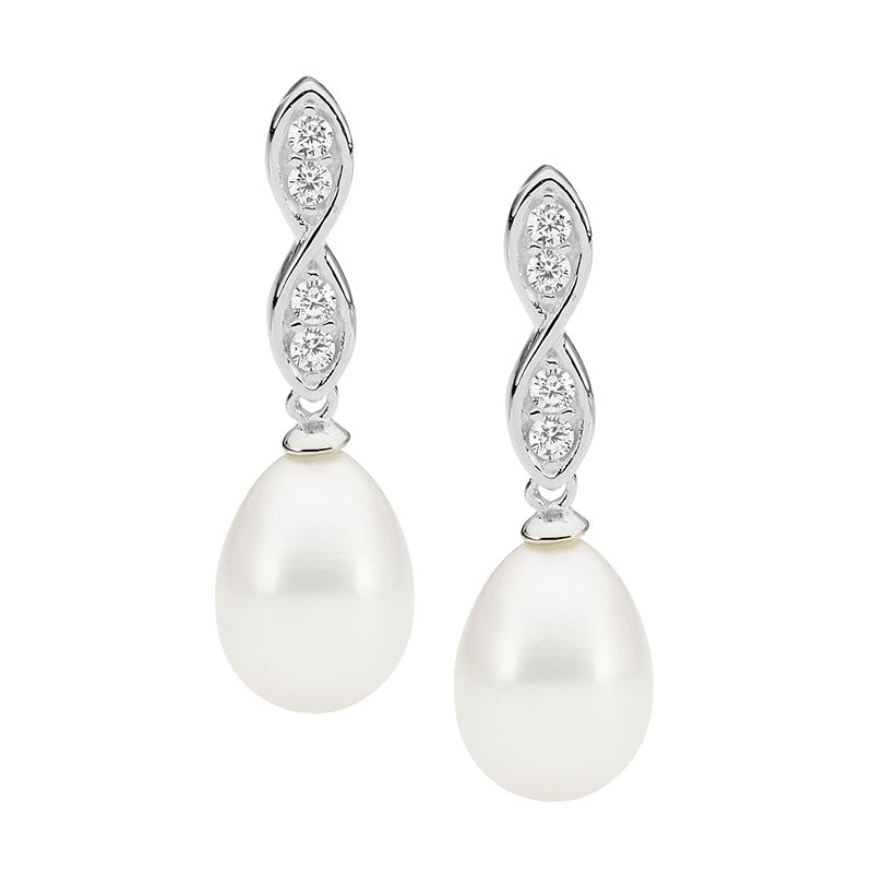 Freshwater Pearl Cubic Zirconia Silver Drop Earrings