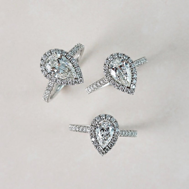 Madison-Pear Shape Diamond Halo Engagement Ring with Diamond Set Band in White Gold