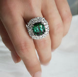 'Madame de Pompadour' Green Tourmaline & Diamond Double Halo Ring
