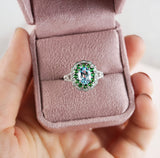 Blue Topaz, Green Garnet & Diamond Double Halo Ring