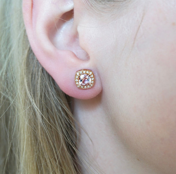 Rose Gold Morganite & Diamond Halo Earrings