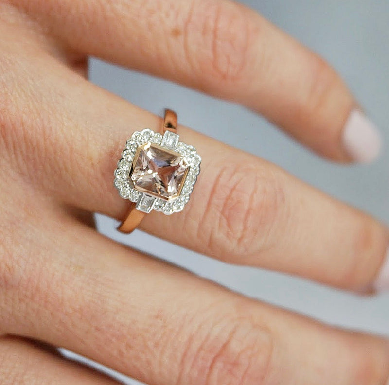Morganite & Diamond Halo Ring