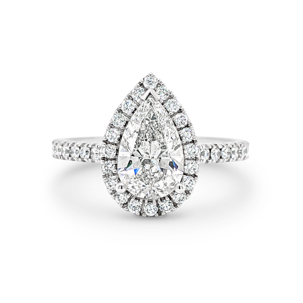 Madison-Pear Shape Diamond Halo Engagement Ring with Diamond Set Band in White Gold