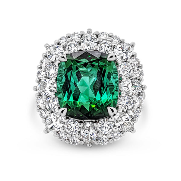 Madame de Pompadour Green Tourmaline Diamond Double Halo Ring
