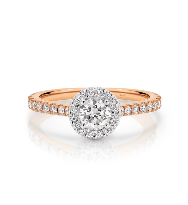 Laura-Rose Gold-Round Brilliant Cut Diamond Halo Engagement Ring with Diamond Set Band